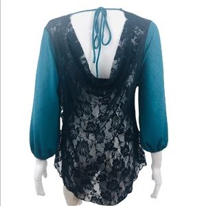 ❤️Lace Back Blouse With Draped  Hi Low Green Medium Scoop Back